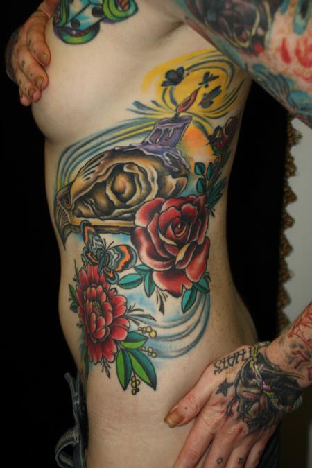 Tattoos - Vulture Skull with flowers and Candle - 66203